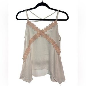 POL White Lace Trim Cami Tank Top with Crisscross Back